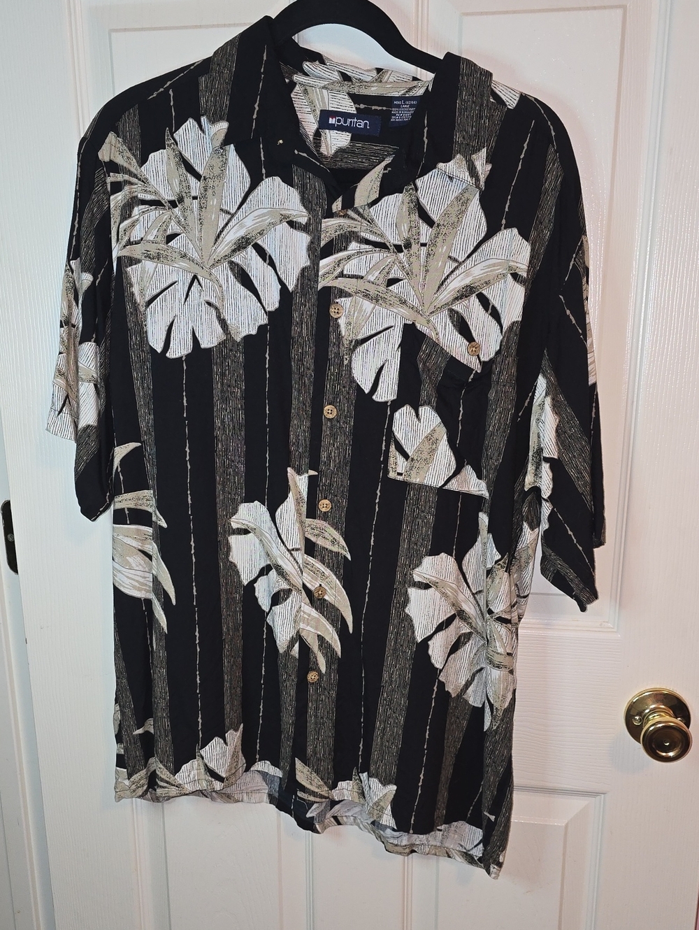 Puritan Black and Cream Tropical Print Button-Up